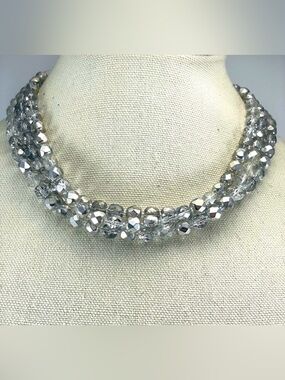 Stunning Cookie Lee Silver Tone White Faceted Glass Beaded MultiLayered Necklace
